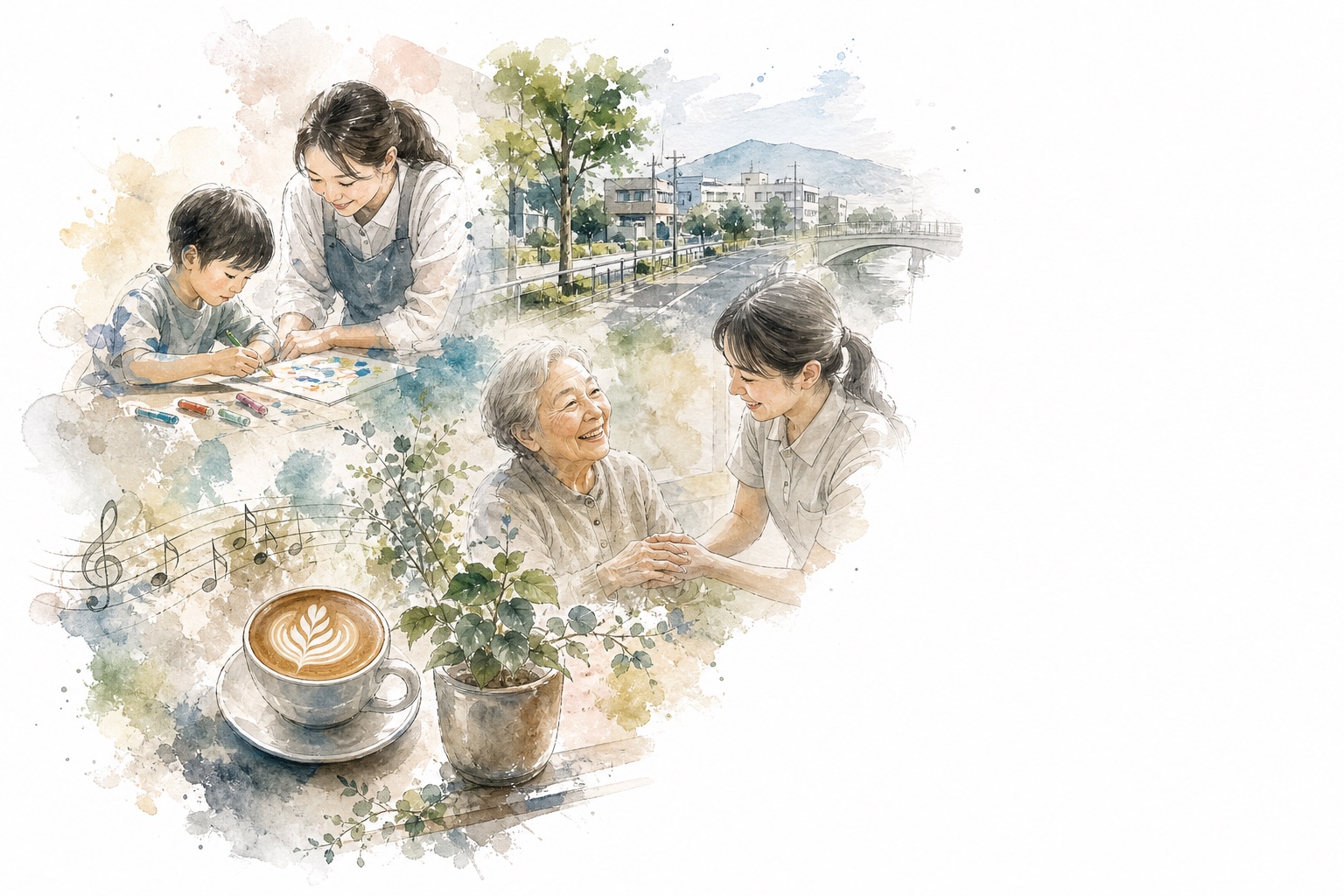 地域の福祉とカフェ文化を表現した水彩コラージュ