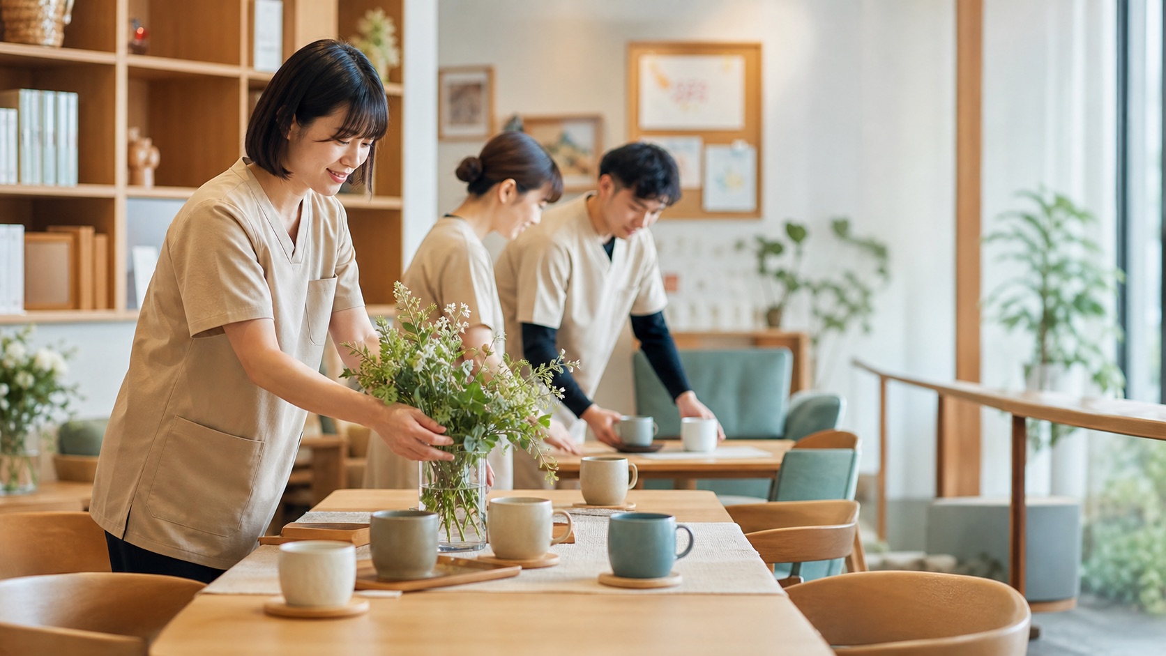 明るい福祉施設の空間を整えるスタッフ